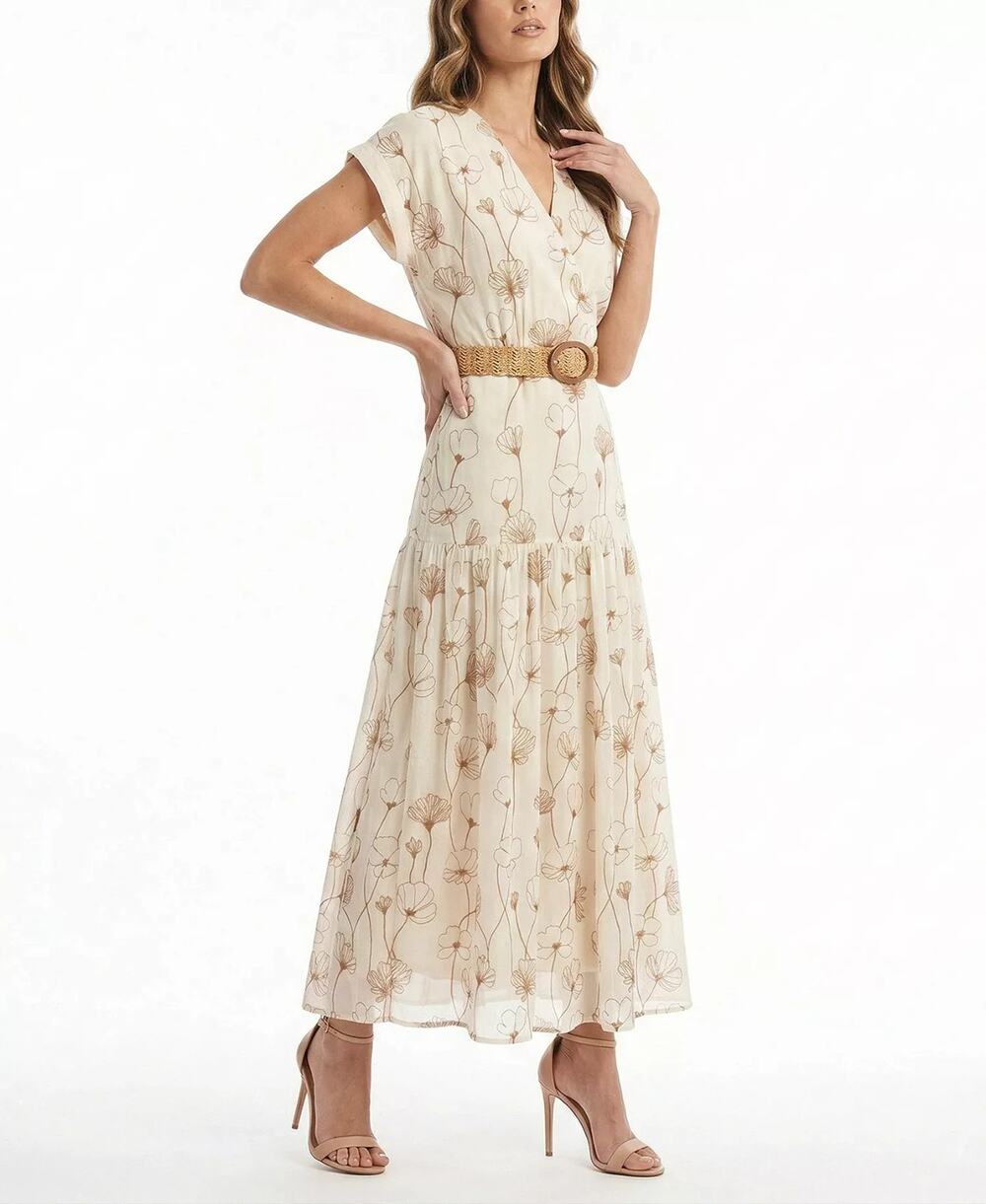 Taylor Women's Embroidered V-Neck Belted Dress Vanilla Walnut Size 10 3795